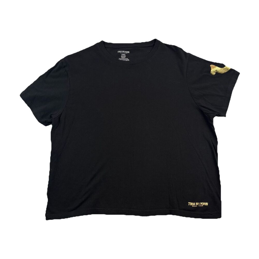 True Religion Cropped T Shirt Womens L Black Short Sleeve Gold Trim